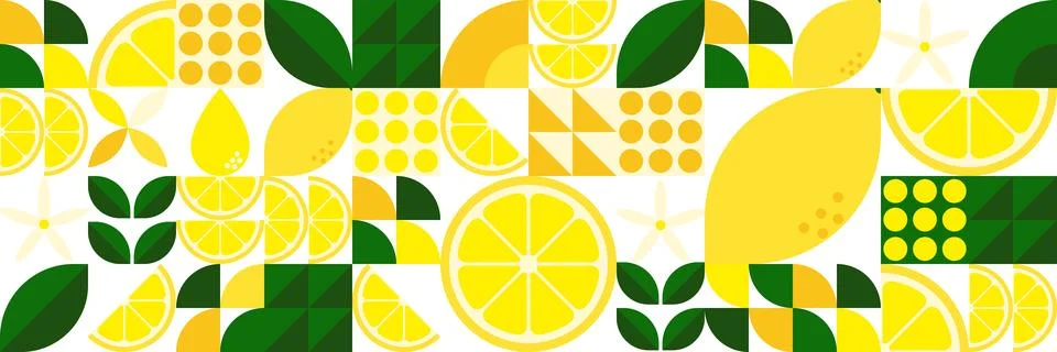 Geometric Bauhaus pattern with lemons, citrus slices and green leaves, abst.. Stock Illustration