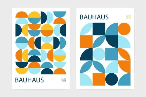 Geometric bauhaus pattern posters. Abstract circle square shapes, modern minimal Stock Illustration