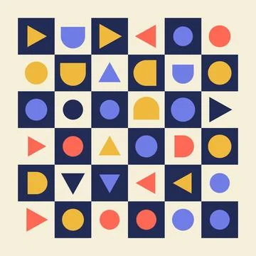 Geometric Bauhaus style grid pattern with navy blue squares and colorful ab.. Stock Illustration