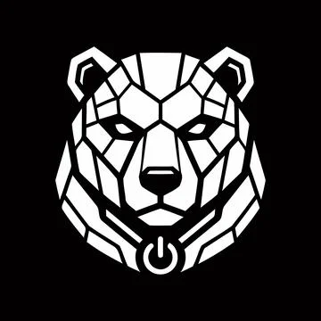 Geometric bear head logo design, futuristic animal emblem with power button.. Stock Illustration