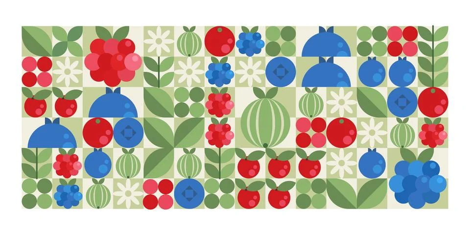 Geometric berry pattern with blue and red berries イラスト素材