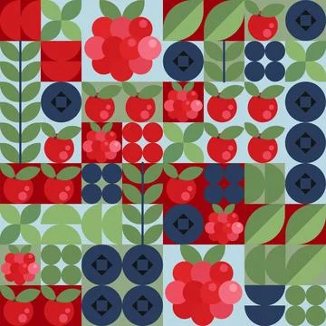 Geometric berry pattern with blue and red berries Illustrazione stock