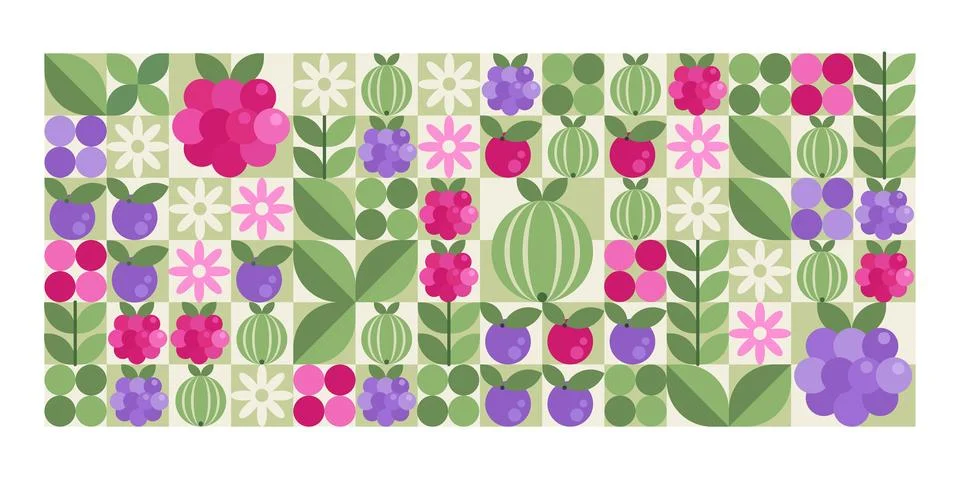 Geometric berry pattern with raspberries 스톡 일러스트