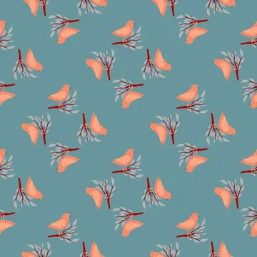 Geometric bird seamless pattern in hand drawn style. Pink flying animals on b 스톡 일러스트