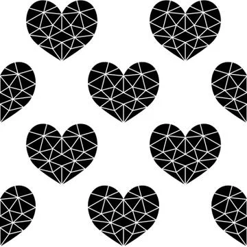 Geometric black cubic heart vector seamless pattern, Valentine's Day 스톡 일러스트