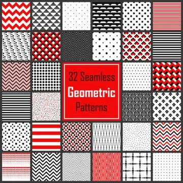 Geometric Black White Red Patterns Set Stock Illustration