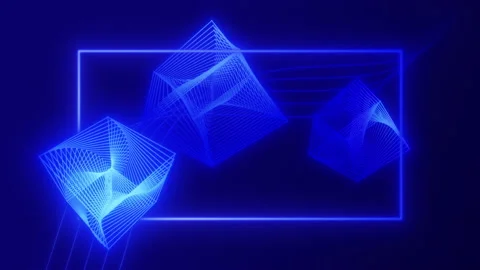 Geometric blue background, wireframe rotating cubes on a seamless loop Stock Footage 158198420