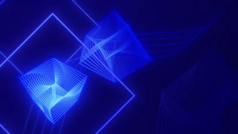 Geometric blue background with wireframe rotating cubes Stock Footage 160061071