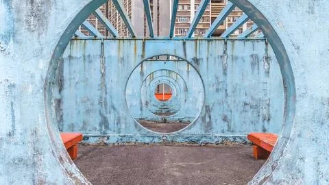 Geometric blue tunnel frames repeating circular patterns beautifully Feb 8 20 写真素材