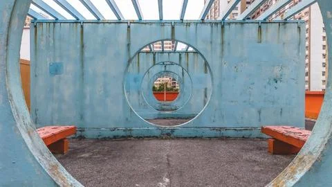 Geometric blue tunnel frames repeating circular patterns beautifully Feb 8 20 Stock Photos