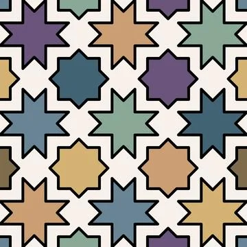 Geometric boho star mosaic seamless pattern in pastel flat outline. Illustrazione stock