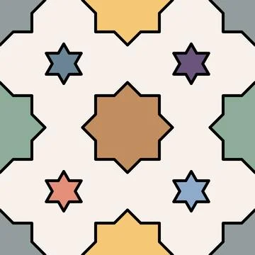 Geometric boho star seamless pattern in pastel flat outline. Stock-Illustration