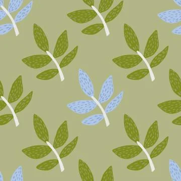 Geometric branches with leaves seamless pattern on green background. Decorati Stock Illustration