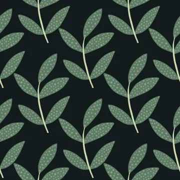 Geometric branches with leaves seamless pattern on black background. Botanica Stock Illustration