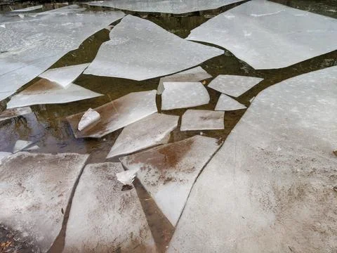 Geometric Broken Ice Chunks Floating on Shallow Brown Water Stock-Fotos