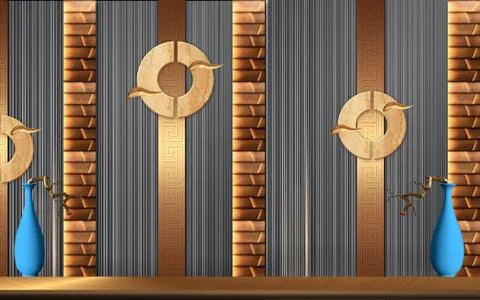 Geometric bronze columns with marble circles, two blue vases with dry branches Stock Illustration
