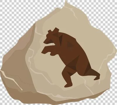 Geometric brown bear silhouette is leaping across beige rock in low-poly on Stock Illustration