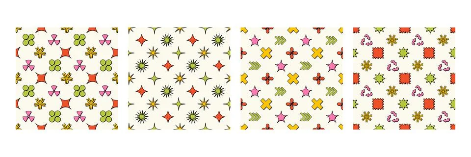 Geometric brutalist shapes seamless pattern set. Brutal figure in trendy Y2k  Stock Illustration