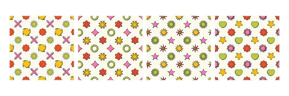 Geometric brutalist shapes seamless pattern set. Brutal figure in trendy play Stock Illustration