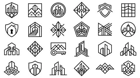 Geometric building logo set featuring shield and diamond shapes. Stock Illustration