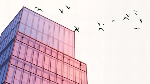 Geometric Building Silhouette: A Modern Urban Landscape with Birds in Flight Stock Footage 307978853