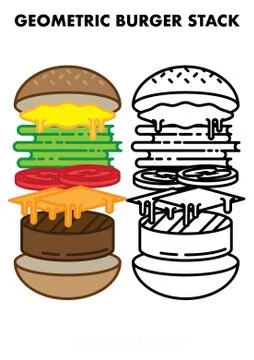 Geometric Burger Anatomy Falling Stack Line Art & Solid Vector Illustration Set Stock Illustration