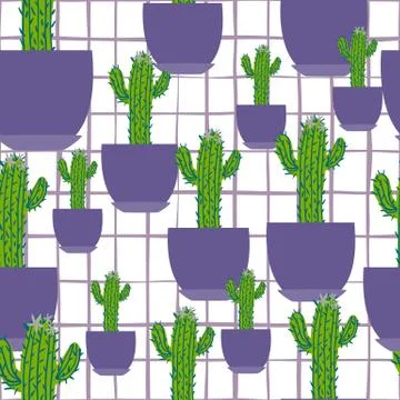Geometric cactus in pot seamless pattern on stripes background. Illustrazione stock