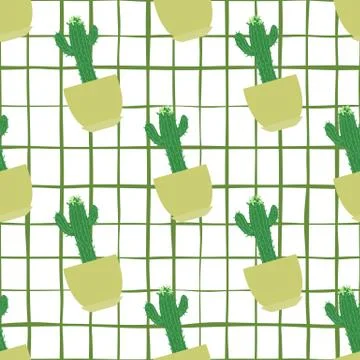 Geometric cactus in pot seamless pattern on stripes background. Stock Illustration