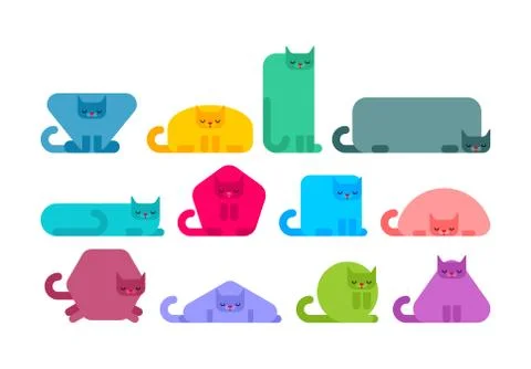 Geometric cat set. Square and round cats. Triangular and hexagonal pet. Penta Stock Illustration