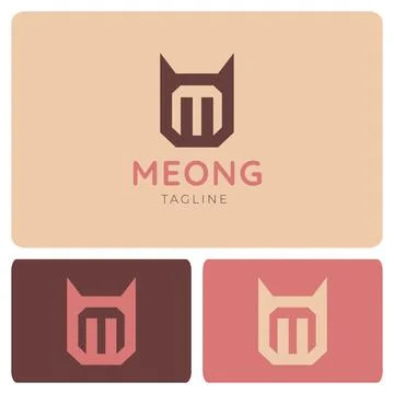 Geometric Cat Shield Logo Design with Letter M. MEONG Tagline. Stock Illustration