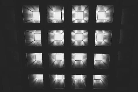 Geometric ceiling lighting panels inside a museum in Bishkek Stock Photos
