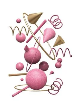 Geometric chaotic composition of cones, spheres, cylinders, hoops pink and go Stockillustratie