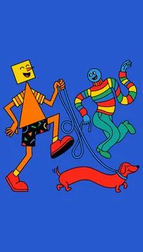 Geometric Characters Walking a Dachshund Stock Illustration