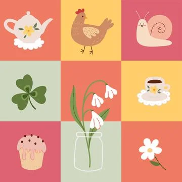 Geometric checkered pattern with cute spring and garden elements. Groovy Stock Illustration