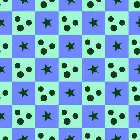 Geometric chess pattern with squares, stars and rounds in light and blue colors Stock Illustration