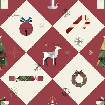 Geometric Christmas elements on red and white mosaic seamless pattern squar.. Stock Illustration
