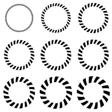 Geometric circle elements in 9 thickness. Monochrome circle shapes Illustrazione stock