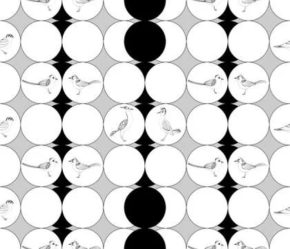 Geometric circles monochrome seamless pattern with birds. Stock Illustration