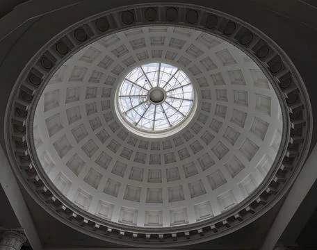 Geometric Circular Ceiling with Intricate Patterns and Skylight Stock Photos