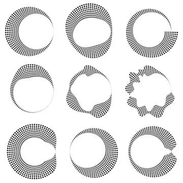 Geometric circular dotted elements with distortion. 9 different shape. Deform Stock Illustration