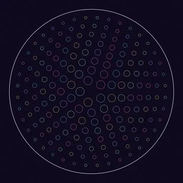 Geometric circular pattern of interconnected dots and lines on dark backgroun Stock Illustration