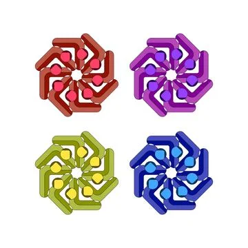 Geometric Circular Pattern with Interlocking Shapes in Red, Purple, Green, .. Stock Illustration