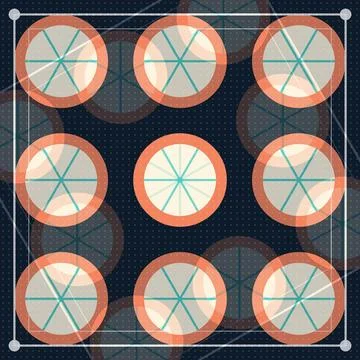 Geometric citrus slices pattern with crosshatch design on dark background Stock Illustration