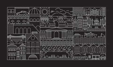 Geometric city landscape line pattern. Simple outline urban town building park Ilustración de archivo