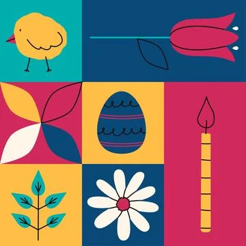 Geometric colorful objects set for Happy Easter. Trendy minimalistic holida.. Stock Illustration