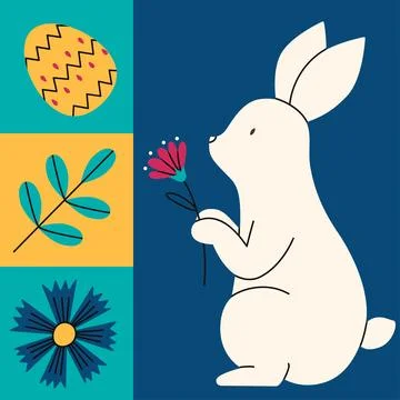 Geometric colorful objects set for Happy Easter. Cute rabbit with flower. Tre Stock Illustration