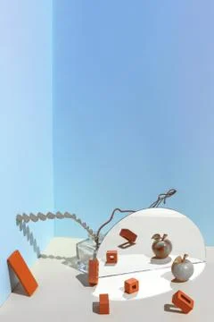 Geometric composition of bricks, glass bottle and plants. In a corner space of 스톡 사진