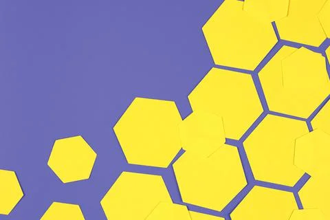 Geometric composition with yellow paper hexagons on purple background Stock Photos