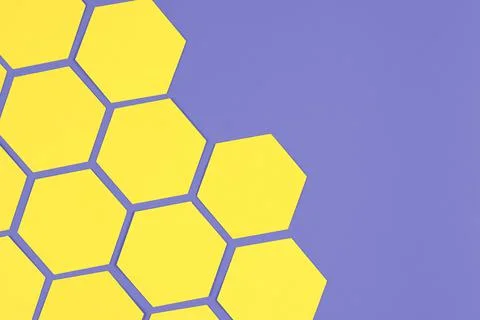 Geometric composition with yellow paper hexagons on purple background Stock Photos