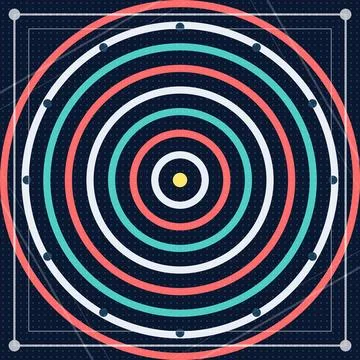 Geometric concentric circles design with red coral blue teal white stripes .. Stock Illustration
